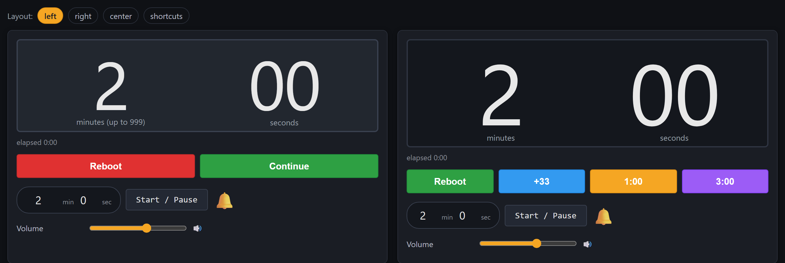 Dual Online Timer: two independent countdowns, 999 and 99 minutes, with quick add buttons
